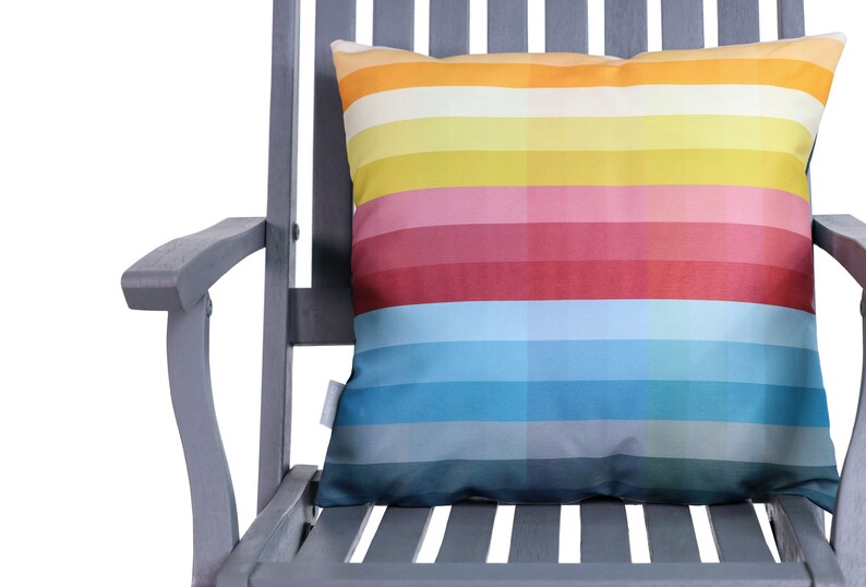 Water Resistant Garden Cushion, Outdoor Pillow Pixel Stripes Rainbow 43cm x 43cm with Inner Padding, Designed Handmade in UK by Celina Digby image 7