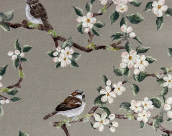 Premium Quality Luxury Heavyweight Upholstery Velvet Fabric by the Metre or Half-Metre, Orchard Blossom Taupe Floral & Sparrow Birds Design