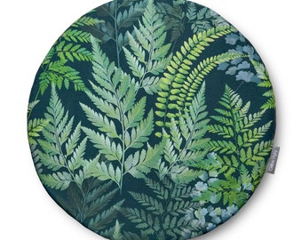 Round / Circular Water-Resistant Cushion Seat Pads 38cm 15" Diameter for Bistro & Wrought Iron Chairs, Ferns Floral Woodland Botanic Design