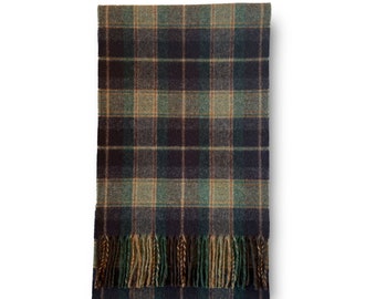 Beautiful 100% Lambswool Tartan Scarf, Bottle Green Dark Purple Beige Shades, Traditionally Woven in UK Mill