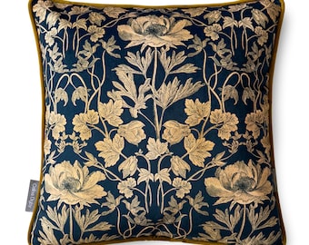 Celina Digby® Luxury Designer Velvet Cushion Cover Pillow, Floral Design with Gold Piping, Four Seasons Summer, Navy Blue & Gold, in 2 Sizes