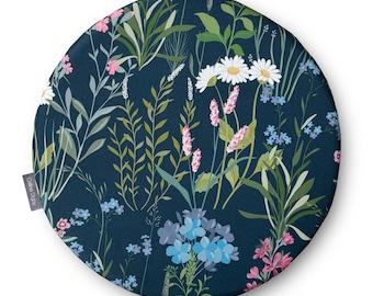 Round / Circular Water-Resistant Cushion Seat Pads 38cm 15" Diameter for Bistro & Wrought Iron Chairs, Forget me Not Navy Blue Floral Design
