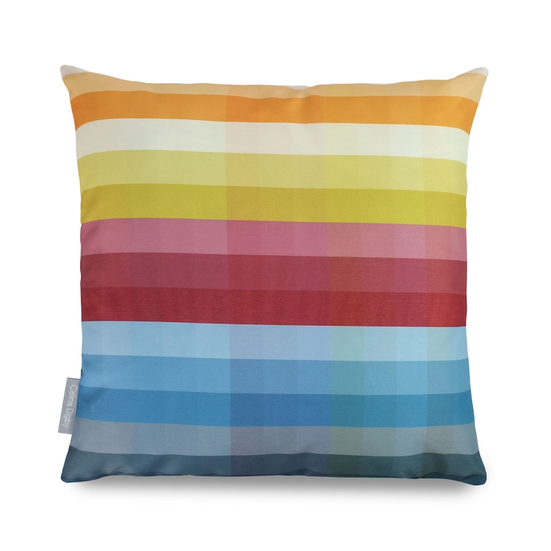 Water Resistant Garden Cushion, Outdoor Pillow Pixel Stripes Rainbow 43cm x 43cm with Inner Padding, Designed Handmade in UK by Celina Digby image 1