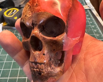 Burr elm skull with glow in the dark resin