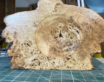 Könnte beinhalten: Nahaufnahme eines Stückes Holz mit einem einzigartigen Maserungsmuster. Das Holz hat eine natürliche braune Farbe mit einem hellbraunen Ring um die Mitte. Das Holz ist glatt und poliert.