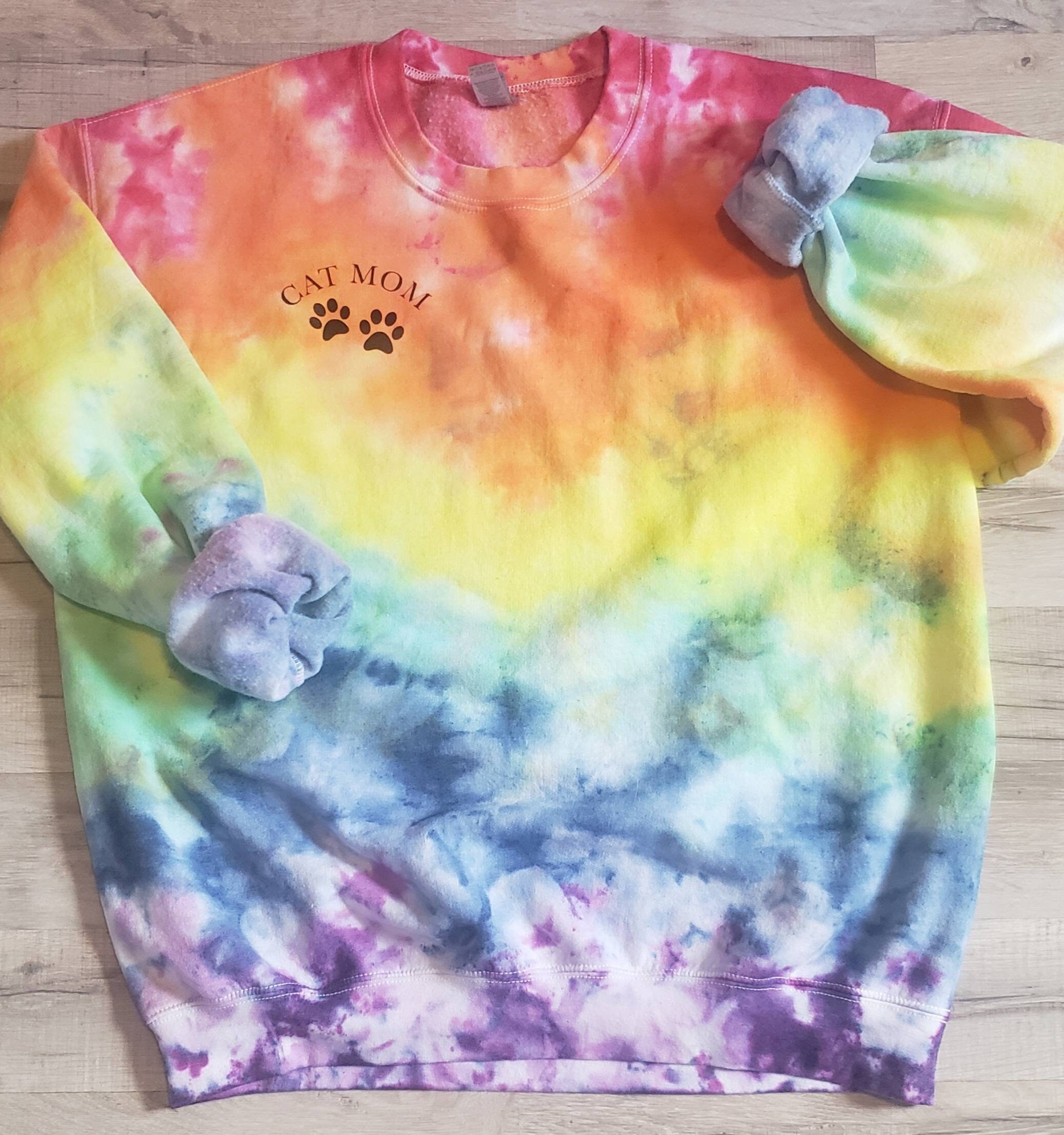 Cat Mom Rainbow Tie Dye Sweatshirt Ice Dye Crew Comfy Sweatshirt Customizable Etsy
