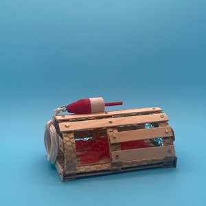 Miniature wood lobster trap With Buoy (red and white), rope & lobster