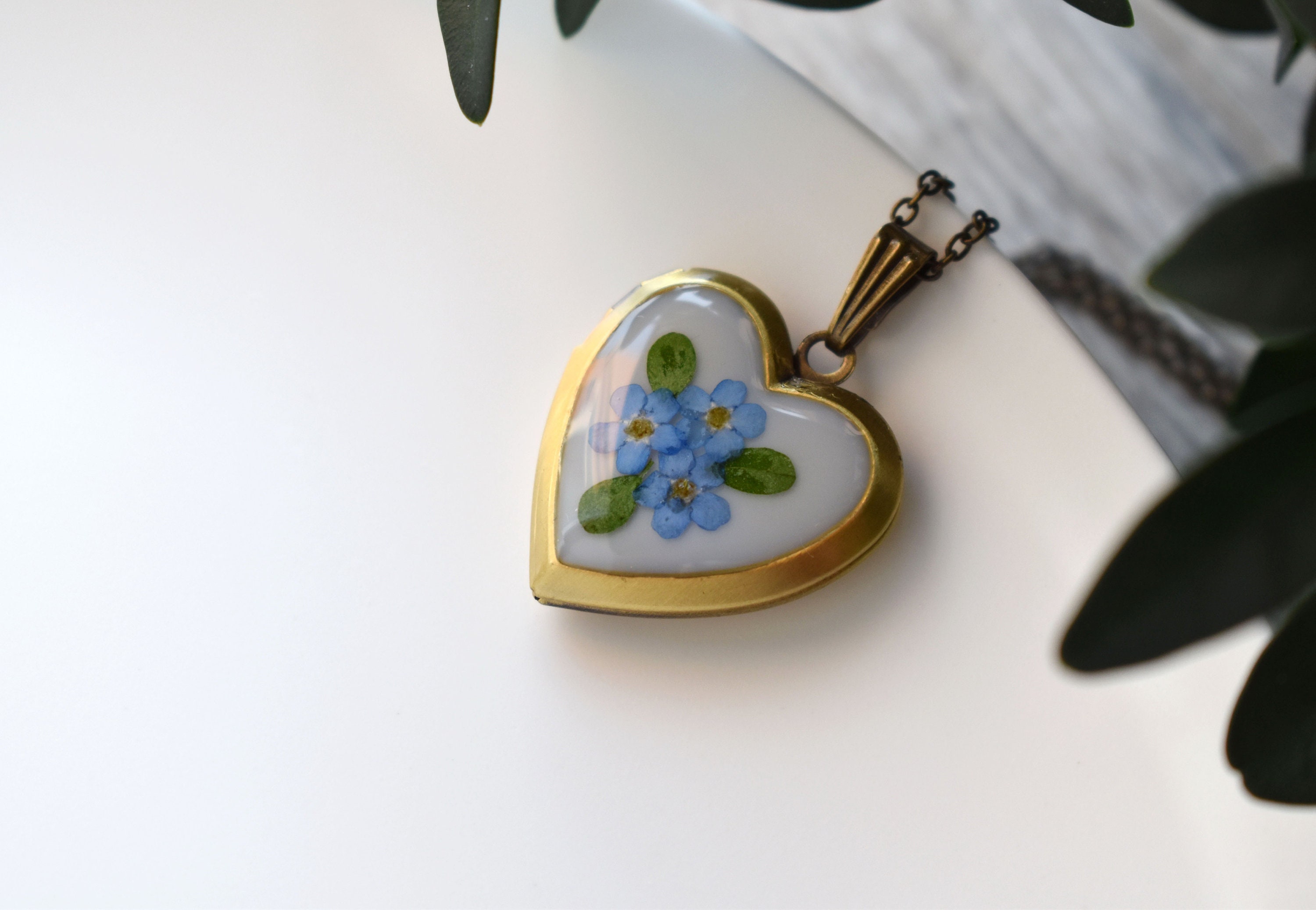 Heart photo locket with Real flower in resin. Handmade pendant Etsy