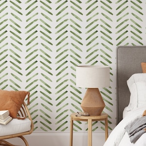 Green Herringbone Peel and Stick Wallpaper | Removable Olive Wallpaper | Watercolor Self Adhesive or Pre-Pasted Wallpaper | Eco Friendly