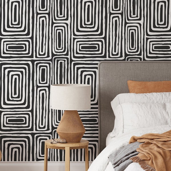 Black and White Modern Wallpaper | Removable Self Adhesive Boho Wallpaper | Geometrical Abstract Lines Peel and Stick or Pre-Pasted | Eco