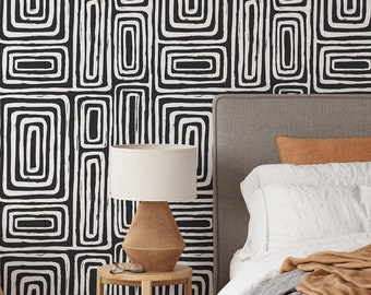 Black and White Modern Wallpaper | Removable Self Adhesive Boho Wallpaper | Geometrical Abstract Lines Peel and Stick or Pre-Pasted | Eco