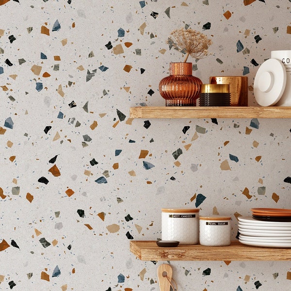 Boho Multicolor Terrazzo Peel Stick Wallpaper | Removable Modern Mural | Concrete Rock Self Adhesive or PrePasted Wall Decor | Eco Friendly