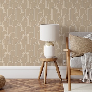Papier peint Arches Art Déco | Motif géométrique auto-adhésif amovible beige | Papier peint autocollant vintage ou préencollé | Respectueux de l'environnement