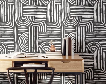 Aesthetic Black and White Peel and Stick Wallpaper | Removable Self Adhesive Geometric Mural | Mid Century Boho Lines | Eco Friendly