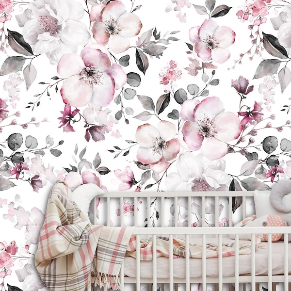 Removable Peel 'n Stick Wallpaper, Self-Adhesive Wall Mural, Watercolor Floral Pattern, Nursery Decor, Custom Colors • Spring Pink Flowers