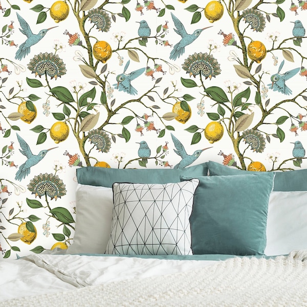 Vintage Lemons Peel and Stick Wallpaper | Removable Tropical Hummingbird Mural | Floral Self Adhesive or Pre-Pasted Wall Decor Eco Friendly