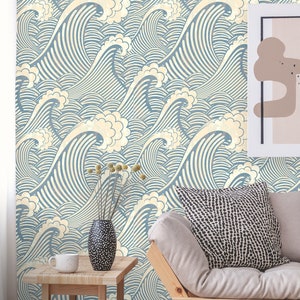 Removable Wallpaper | Peel and Stick Great Wave Pattern | Vintage Retro Self Adhesive Wall Mural