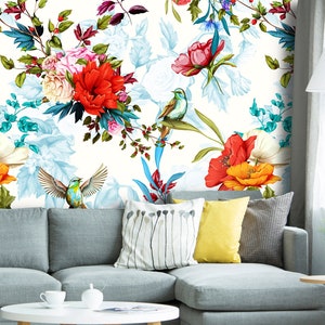Removable Peel &#39;n Stick Wallpaper, Self-Adhesive Wall Mural, Floral Pattern, Nursery Baby’s Room, Custom Colors • Wild Blossom Humming Birds
