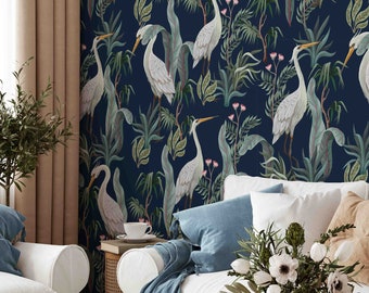 Chinoiserie Herons Peel and Stick Wallpaper | Removable Birds Mural | Self Adhesive or Pre-Pasted Wall Decor | Eco Friendly