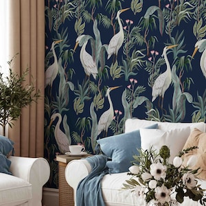 Chinoiserie Herons Peel and Stick Wallpaper | Removable Birds Mural | Self Adhesive or Pre-Pasted Wall Decor | Eco Friendly