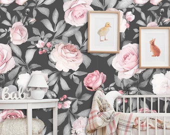 Removable Peel 'n Stick Wallpaper, Self-Adhesive Wall Mural, Watercolor Floral Pattern, Nursery Baby’s Room Decor • White Black Pink roses