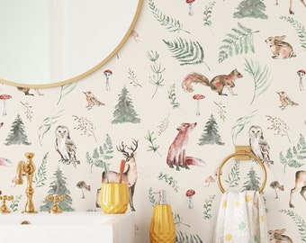 Forest Animals Wallpaper | Removable Self Adhesive Botanical Wallpaper | Flower and Forest Peel and Stick or Pre-Pasted Wallpaper | Eco