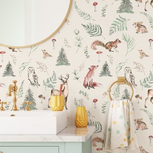Forest Animals Wallpaper | Removable Self Adhesive Botanical Wallpaper | Flower and Forest Peel and Stick or Pre-Pasted Wallpaper | Eco