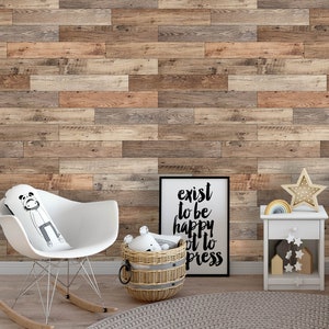 Removable Peel 'n Stick Wallpaper, Self-Adhesive Wall Mural, 3D Brown wood Pattern, Nursery, Room Decor • Wood Wall Parquet