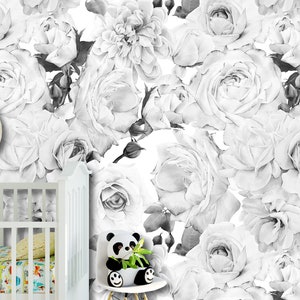 Removable Peel 'n Stick Wallpaper, Self-Adhesive Accent Wall Mural, Watercolor Floral Pattern, Nursery Decor • Black & White Roses