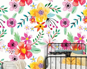 Removable Peel 'n Stick Wallpaper, Self-Adhesive Wall Mural, Watercolor Floral Pattern, Nursery Baby’s Room • Abstract Watercolor Flowers