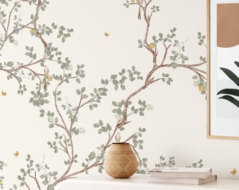 Tapeta Сchinoiserie Floral, neutralne gałęzie drzewa cytrynowego, zdejmowana, samoprzylepna lub tradycyjna, botaniczna dekoracja ścienna