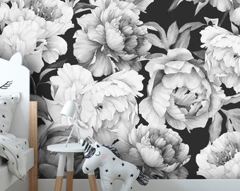 Black and White Peonies Peel and Stick Wallpaper | Removable Watercolor Floral Mural | Self Adhesive or Pre-Pasted Wallpaper | Eco Friendly
