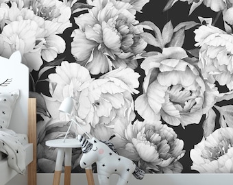 Peel-and-Stick Removable Wallpaper Dark Black White Boho Floral Garden Flowers Peel-and-Stick Removable Wallpaper Dark Black White Boho Floral Garden Flowers