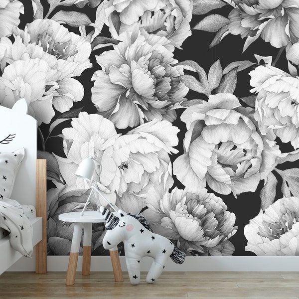 Black and White Peonies Peel and Stick Wallpaper | Removable Watercolor Floral Mural | Self Adhesive or Pre-Pasted Wallpaper | Eco Friendly