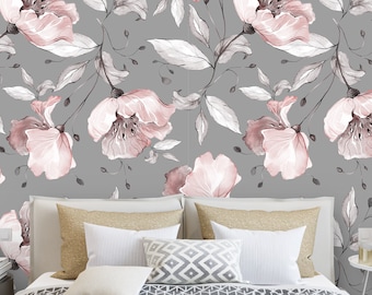 Removable Peel 'n Stick Wallpaper, Self-Adhesive Wall Mural, Watercolor Floral Pattern, Nursery Baby’s Room Decor • Gray Pink Roses