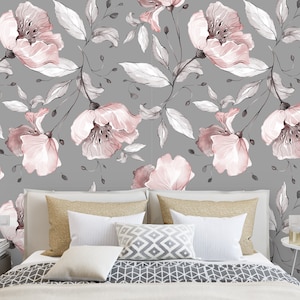 Removable Peel 'n Stick Wallpaper, Self-Adhesive Wall Mural, Watercolor Floral Pattern, Nursery Baby’s Room Decor • Gray Pink Roses