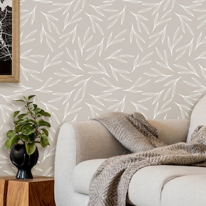 Neutral Leaves Peel and Stick Wallpaper | Floral Minimalist Removable Mural | Self Adhesive or Pre-Pasted Wallpaper | Eco Friendly