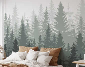 Green Landscape Wallpaper | Foggy Forest Peel and Stick Mural | Pine Tree Self Adhesive or PrePasted Removable Wall Decor | Eco Friendly