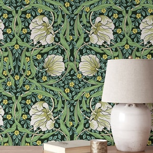 Green William Morris Wallpaper | Removable Self Adhesive Floral Wallpaper | Vintage Pimpernel Peel and Stick or Pre-Pasted | Eco Friendly
