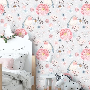 Removable Peel &#39;n Stick Wallpaper, Self-Adhesive Wall Mural, Watercolor Floral Pattern, Nursery Room Decor • Birds, Butterflies and Flowers