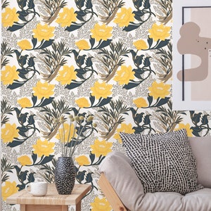 Yellow Peonies and Chrysanthemums Wallpaper | Removable Self Adhesive Floral Wallpaper | Peel and Stick or Pre-Pasted | Eco Friendly