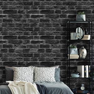 Peel and Stick Realistic Brick Wallpaper, Removable Self-Adhesive Wall Mural, Black Gray Brick Pattern, Nursery, Wall Room Decor