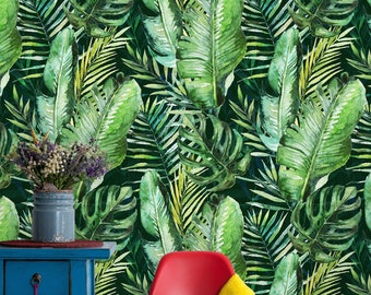 Removable Wallpaper | Peel and Stick Palm Leaves Wallpaper | Self Adhesive Tropical Wallpaper | Watercolor Wallpaper