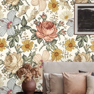 Vintage Rose Removable Wallpaper | Peel and Stick Floral Mural | Self Adhesive Flower Wall Decor | Leaves Wall Art