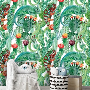 Removable Peel &#39;n Stick Wallpaper, Self-Adhesive Accent Wall Mural, Tropical Pattern, Nursery, Room Decor • Exotic Chameleon and Cactus