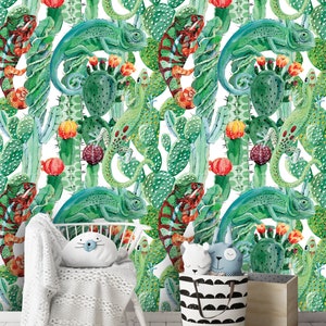 Removable Peel 'n Stick Wallpaper, Self-Adhesive Accent Wall Mural, Tropical Pattern, Nursery, Room Decor • Exotic Chameleon and Cactus