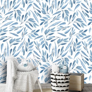 Removable Peel 'n Stick Wallpaper, Self-Adhesive Wall Mural, Watercolor Kids Floral Pattern, Nursery Baby’s Room Decor • Blue Leaves