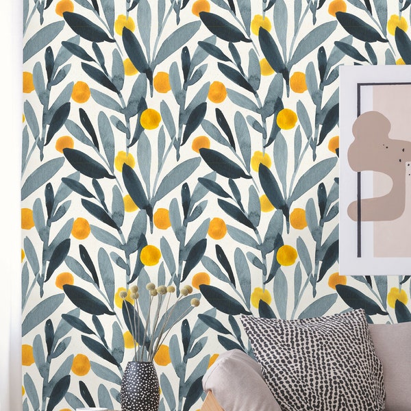 Removable Wallpaper | Peel and Stick Leaves Wallpaper | Self Adhesive Floral Wallpaper | Watercolor Wallpaper