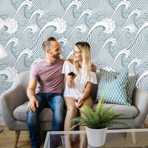 Removable Wallpaper | Peel and Stick Great Wave Wallpaper | Blue Waves Self Adhesive Wall Mural