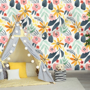 Removable Wallpaper | Peel and Stick Botanical Wallpaper | Watercolor Pattern | Floral Mural